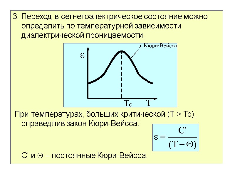 3. Переход в сегнетоэлектрическое состояние можно определить по температурной зависимости диэлектрической проницаемости.  